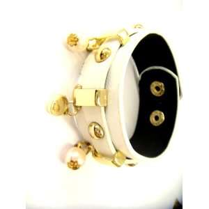  White Leather Cuff Bracelet with Charm Pearl Everything 