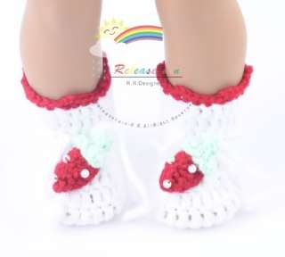 Hand Knit Crochet Shoes Boots White/Red Strawberry for 18 American 