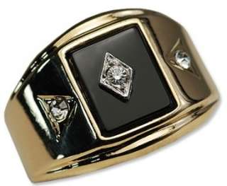 R371 CLASSY MENS ONYX 3STONE SIMULATED DIAMOND 14KT GOLD GP RING 