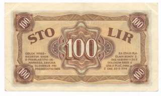 YUGOSLAVIA 100 Lir 1944 aUNC *WORLD WAR II*SLOVENIAN NATIONAL 
