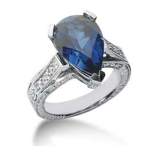  Diamond Sapphire Ring Engagement Pear Cut Pave Fashion 14k White Gold