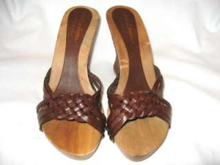 SOTTO SOPRA BROWN LEATHER WOOD WEDGES SANDALS 7 ITALY  