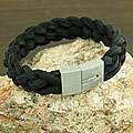 Braided Black Leather with Steel Square Clasp Bracelet (China)