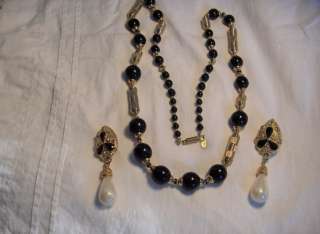 Vintage Orena Paris Black Gold Large Bead Necklace + Dangle Clip 