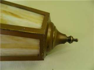  antique hanging fixture with six caramel slag glass panels and brass 