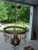 ANTIQUE Hanging Oil Lamp Frame with Hand Painted Dome, Crystal Prisms 