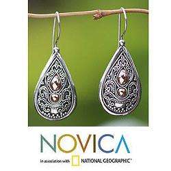 Sterling Silver Gold Accent Bali Antique Dangle Earrings (Indonesia 
