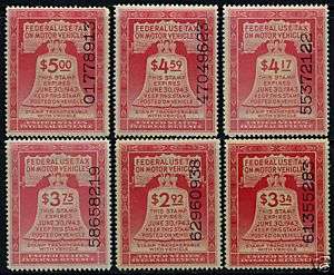 US RV 6 11 Mint Never Hinged Motor Vehicle Tax Stamps  