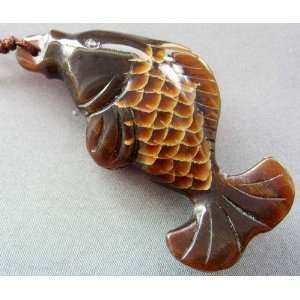  Ox Horn Hand Carved Fish Pendant Necklace 