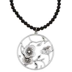 Black Glass Bead Charming Life Japanese Floral Necklace   