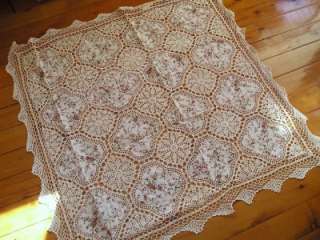 Vintage Flora Fabric N Hand Crochet Lace Table Cloth M  