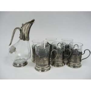  Russian Silver glass drinking pitcher with six silver 