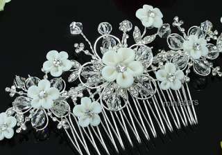 Bridal White Clay Ceramic Flower Crystal Handmade Hair Comb T1456 