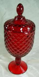 Diamond Pattern Pedestal Covered Candy Dish Ruby Red Glass Mosser 