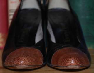   size 8 black leather heels with tan snake patterned toe, N wide  