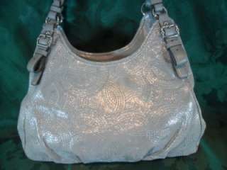 COACH SHIMMERY SILVER LEATHER STITCHED SIGNATURE MAGGIE SATCHEL  
