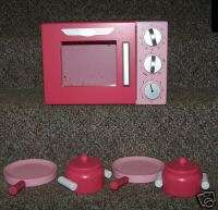 New Wooden Pink Retro Microwave & Pots And Pans  