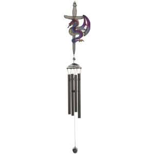   Dragon with Sword on Black Coated Copper Gem Wind Chime Patio, Lawn