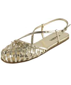 Prada Gold Leather Woven Strap Flat Sandals  