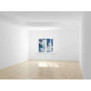 Empty Room. Cloudscape behind the Open Window. 3D Image   Peel and 