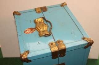 Antique Vintage Metal Doll Trunk Case Light Blue South Pacific 