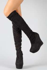 Tai et Moi Round Toe Black Velvet Wedge Boot Knee high Winter Boots 