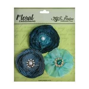  Floral Embellishments Fabric Flowers 3/Pkg   Peacock Blue 