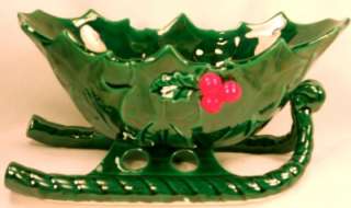 Vintage GREEN HOLLY SLEIGH Lefton RED BERRIES Christmas Holiday 
