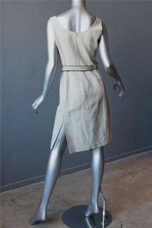 PRADA Belted Linen A Line Shift Sleeveless Knee Length Side Slit Dress 