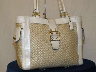 Pre Owned COACH Straw & LEATHER Handbag TOTE Purse LARGE Beige NEEDS 