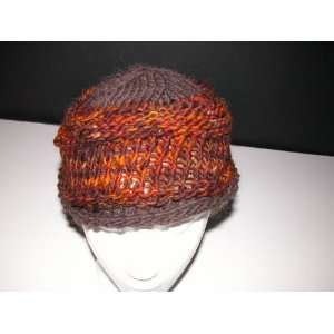   Childs Flat Top Wool Hand Knit Brown and Gold Hat 