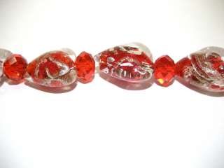   , 18mm Red Silver Foil Heart Bead + 8mm Crystal Glass Bead New  