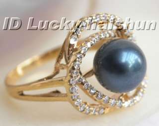 Genuine round black South Sea Tahitian pearl Ring 14K  