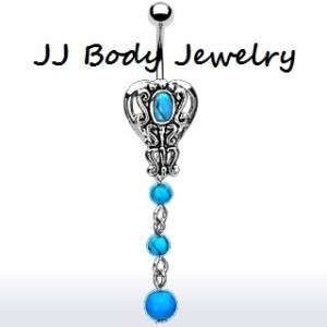 Vintage Heart Dangle Turquoise Beads Navel Belly Ring  