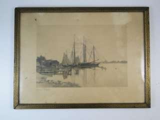 Antique Engraving Etching Print Quiet Waters Clipper Ship Boat C.H 