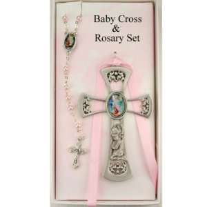  Pewter Girl Cross with Pink Rosary Set (McVan BS36)