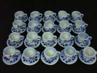 Art Hand Painted Blue Spotted 20 Coffee Cup and 20 Saucer Dollhouse 