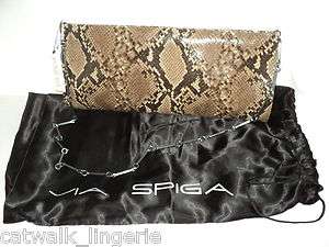 VIA Spiga Brown Python Print Snake Leather Shoulder Clutch Handbag NWT 