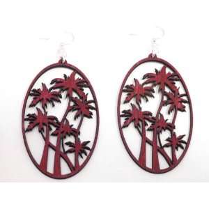  Cherry Red Palm Tree in Oval Wooden Earrings GTJ Jewelry