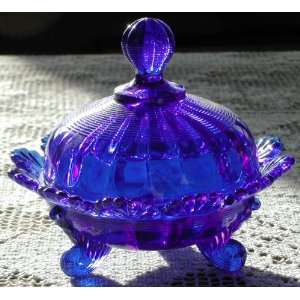    Solid Cobalt Blue Glass Footed Covered Candy Dish 