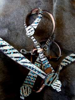 HORSE BRIDLE WESTERN LEATHER HEADSTALL BREASTCOLLAR ZEBRA TACK RODEO 