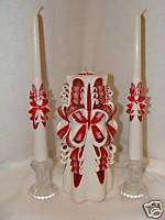 CUSTOM RED HAND CARVED UNITY CANDLE W/ TAPERS WEDDING  