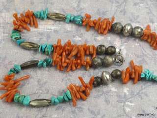   SOUTHWEST 925 STERLING SILVER BENCH BEAD CORAL TURQUOISE NAJA NECKLACE