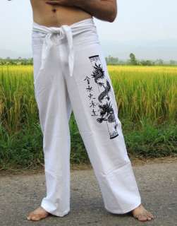Thai Cotton Yoga Pants Dragon Column in White size L  