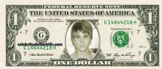 JUSTIN BIEBER #1 CELEBRITY DOLLAR BILL UNCIRCULATED MINT US CURRENCY 