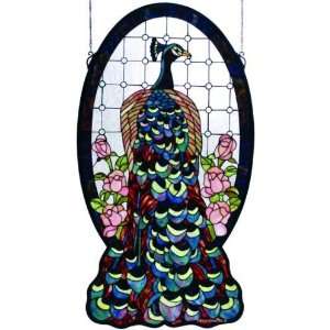 Peacock Profile Tiffany Stained Glass Window Panel 38 Inches H X 20 