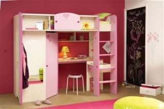 Hochbett ZOE mit Schrank Schreibtisch; Kiefer weiß rosa  