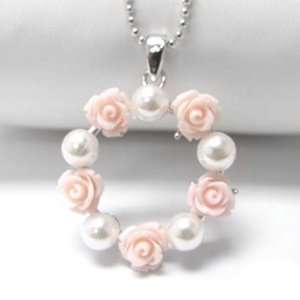 Pink Rose and Pearl Wreath Pendant White Gold Plated 