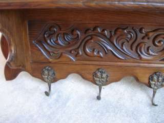 HUGE Antique English Carved Oak Wall Shelf Coat Plate Rack Bookshelf 