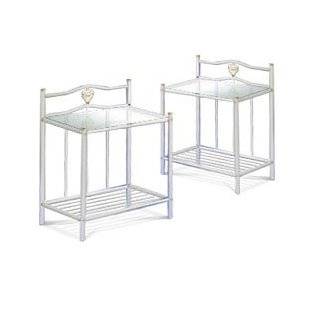 White Metal & Glass Night Stands Side End Tables Set Heart Shaped 
